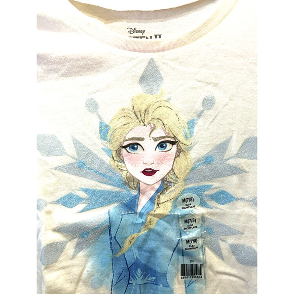 NWT Girl’s Disney Elsa Frozen White and Blue Cotton Poly Tee Shirt Large 10 12 - Picture 2 of 4